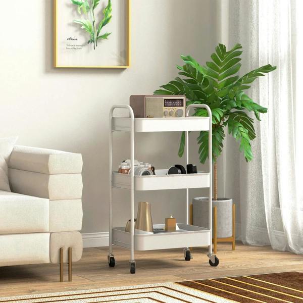 White three-tier storage trolley on wheels with open shelves for organizing items