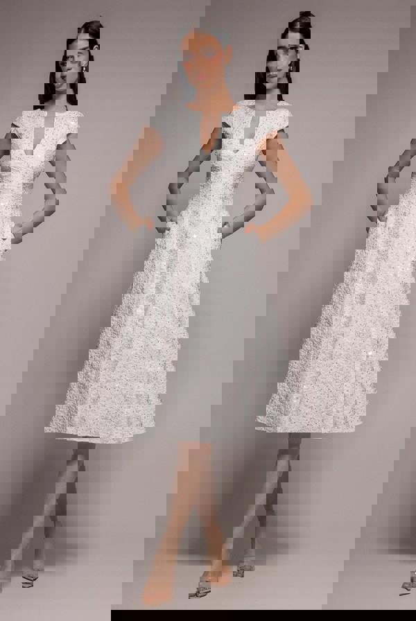 Bead Embellished Jacquard A Line Midi Dress - White DR4795