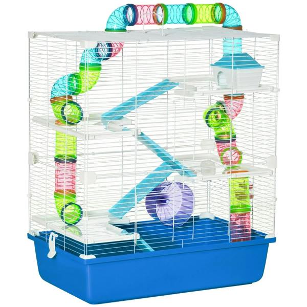 Blue 5-tier hamster cage with colorful tubes, ramps, and exercise wheel