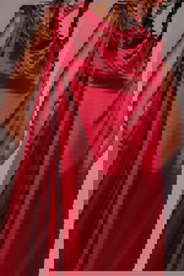 Cowl Neck Back Wing Satin High Low Midi Dress - Berry DR4608