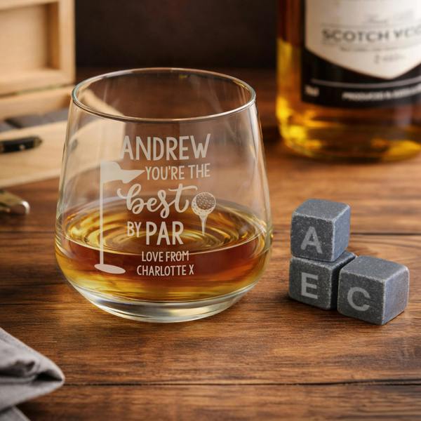 Personalised Andrew whisky glass with three engraved initial stones (A, E, C).