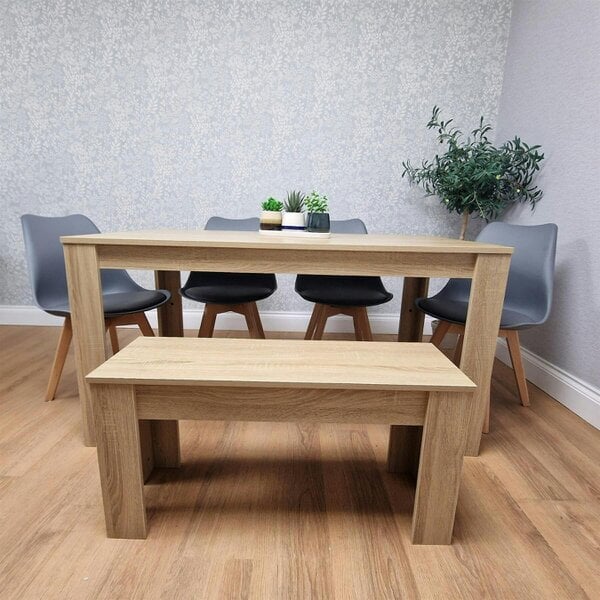 Kosy Koala Oak Effect Dining Table Set With 4 Grey Plastic Chairs And Bench Dining Room Furniture