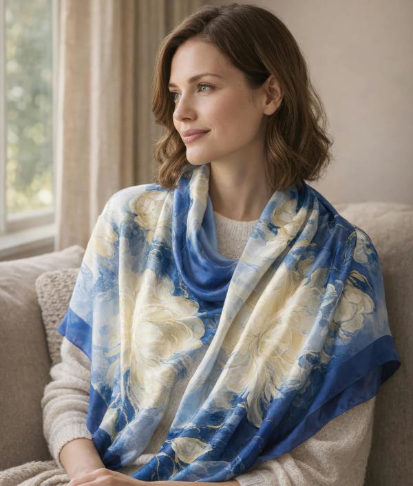 VIA MONTEN Women’s Faux Silk Scarf, Large Square Satin Scarf Wrap with Floral Print for Daily Styling
