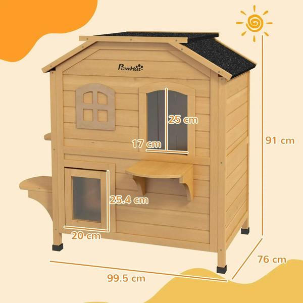 Outdoor wooden 2-story cat enclosure with front arched doors, window panels, and lower entrance
