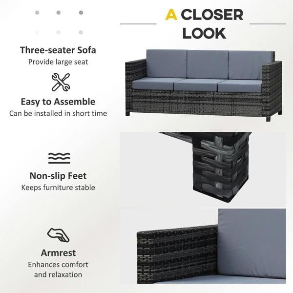 3-seat outdoor sofa with grey cushions, dark armrests, and non-slip feet