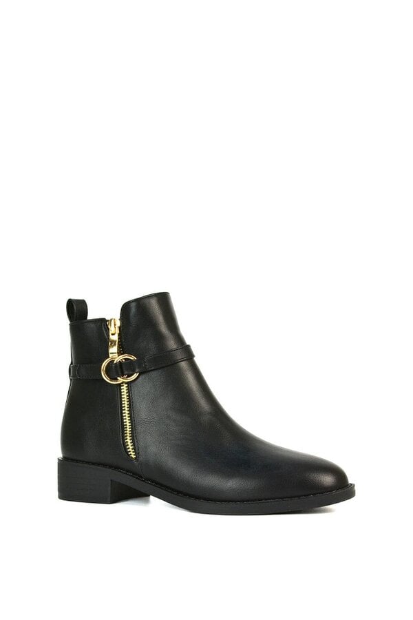 XY LONDON Flat Low Heel Ankle Booties With Decorative Buckle and Zip