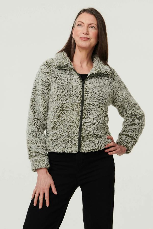 Khaki | Teddy Textured Relaxed Zip-Up Jacket