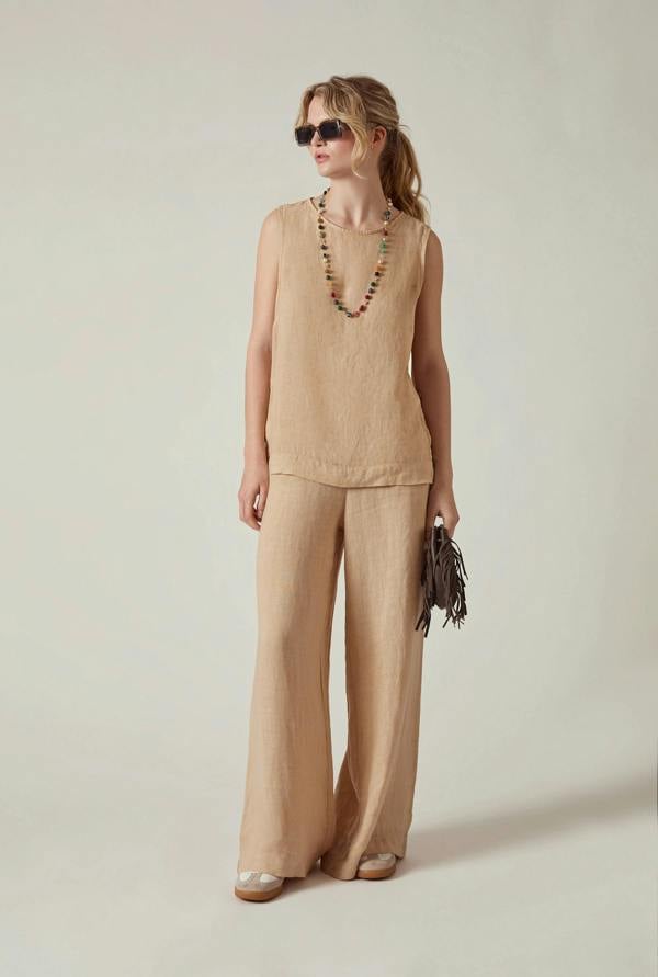 James Lakeland Sand Linen Wide-Leg Trousers