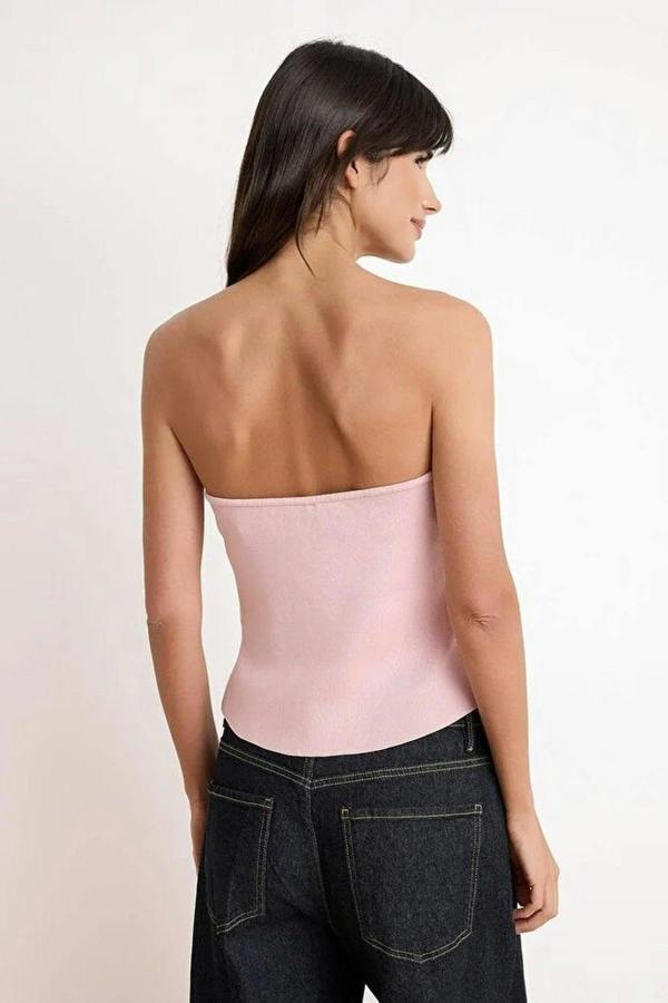 Pearl Embellished Strapless Fitted Knit Blouse