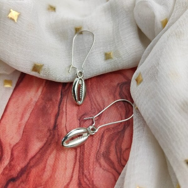 The Colourful Aura Long Silver Cowrie Sea Shell Charm Mermaid Beach Boho Dangle Dainty Earrings