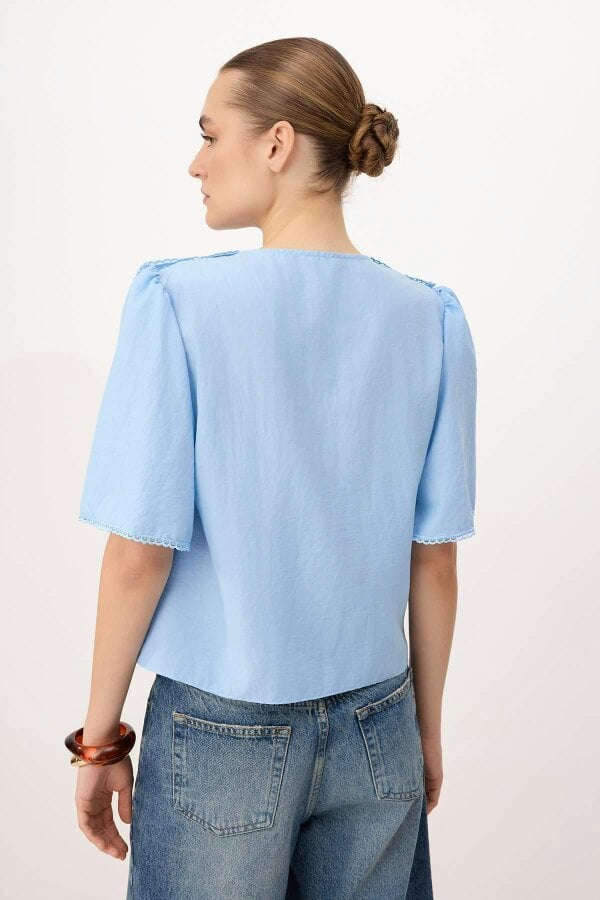WOVCOR V Neck Tie Front Frill Detail Long Sleeve Blouse