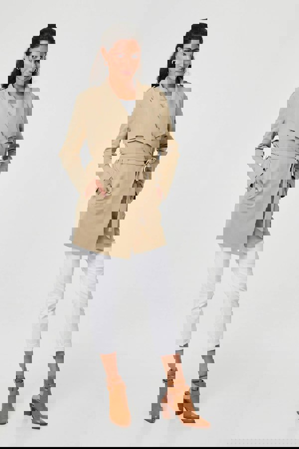 Khaki | Self Tie Thigh Length Lightweight Coat
