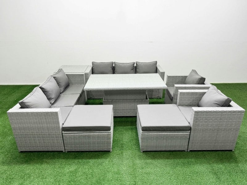 Fimous 8 PCs Rising Dining Table Set Rattan Furniture Set with 3 Seater Sofa Chair 2 Big Footstools Side Table Light Grey