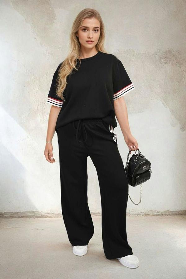 Jennifer Contrast Stripe Top And Wide Leg Trouser Co-ord Set - Black