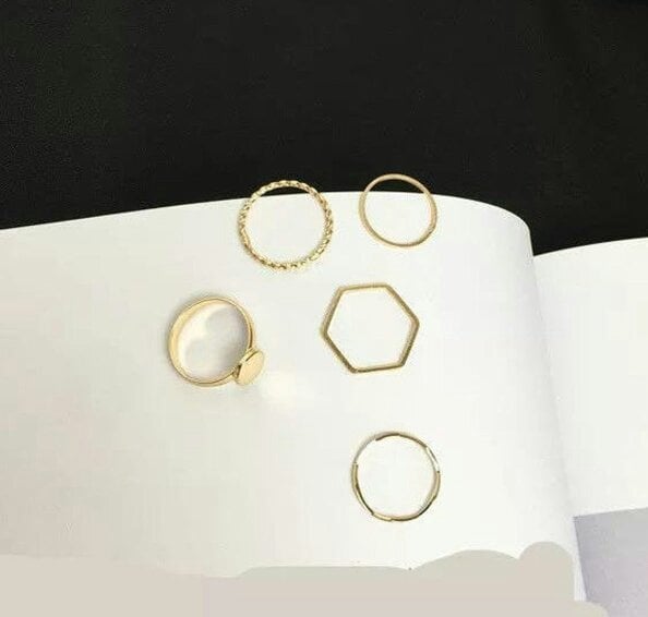 The Colourful Aura 5 Piece Slim Gold Bohemian Vintage Stackable Tribal Beach Ring Set