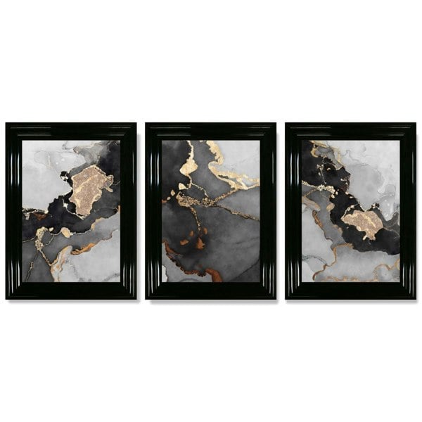 Artze Wall Art Framed Set of 3 Abstract Art prints of Paintings Black Grey and Gold