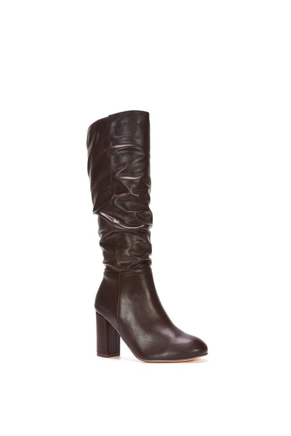 XY LONDON Ruched Zip-up Block Heeled Knee Calf Boots