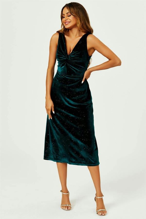 FS Collection Silver Sparkly Velvet Knot Front Midi Dress In Green