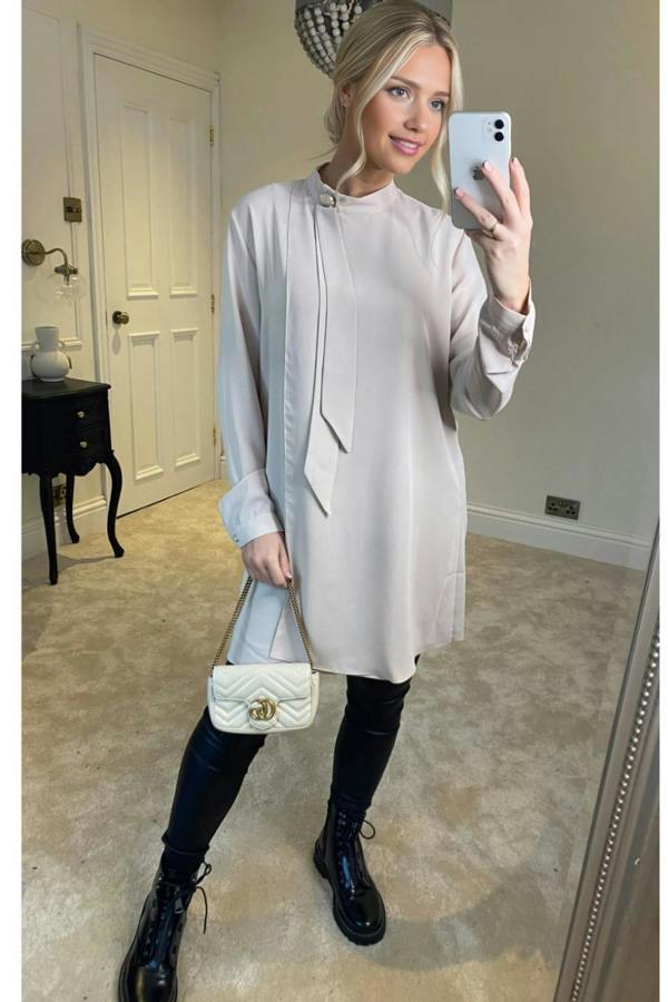 Hoxton Gal Oversized High Neck Tunic Top with Brooch Details in Beige