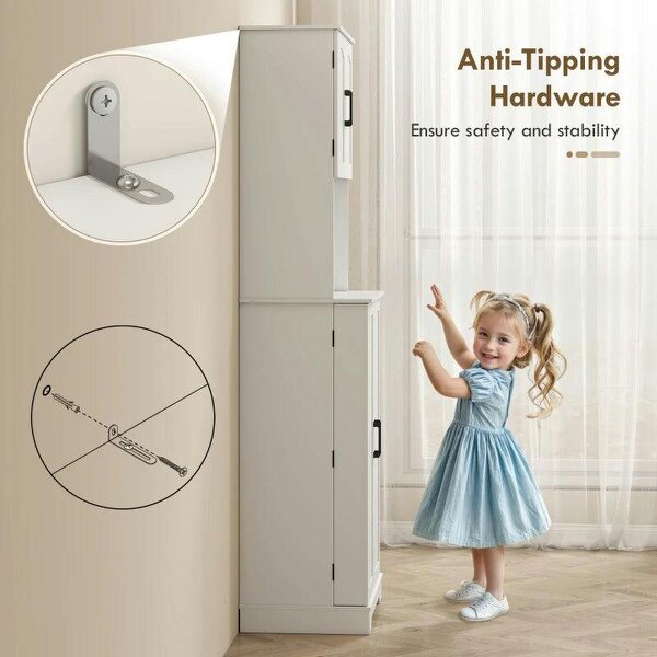181.5 cm Freestanding Storage Cabinet, Tall Kitchen Cupboard with Adjustable Shelves, 8 Door Spice Racks, White