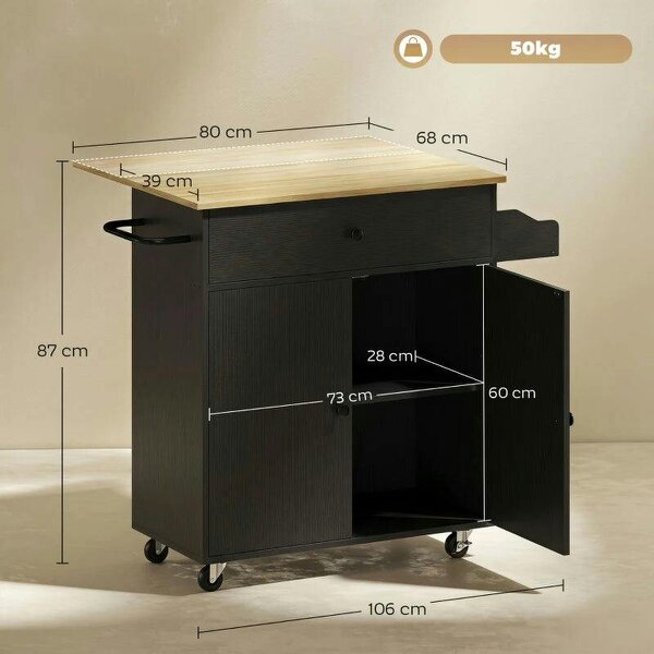 Kitchen Island with Drop Leaf, Rolling Kitchen Storage Trolley on Wheels with Drawer, Spice Rack and Towel Rack, Black