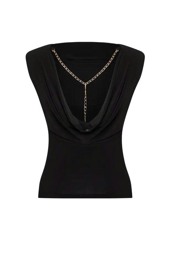 WOVCOR Back Detail Chain Accessory V-Neck Knitted Blouse