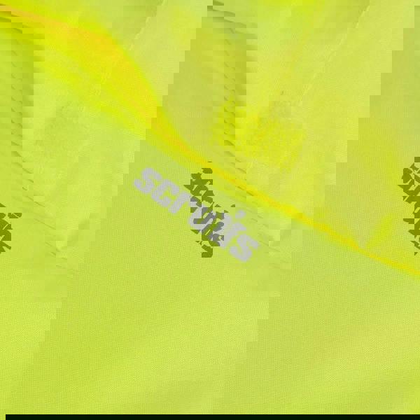 Scruffs High Visibility Mens Hi-Viz Waterproof Zip Up Jacket Coat, close-up of the bright yellow waterproof jacket fabric with reflective logo and Velcro fastening.