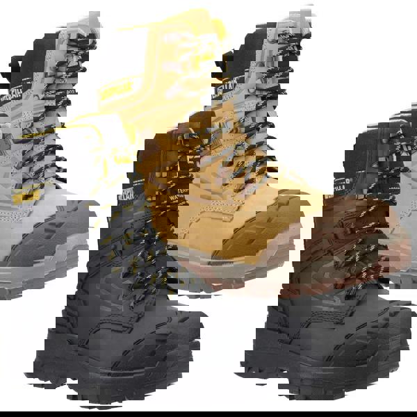 Caterpillar Striver XL 8" Men's Side Zip Waterproof S7 Safety Ankle Boots, showing a pair of rugged, waterproof work boots in black and tan colors with side zippers and protective toe caps.