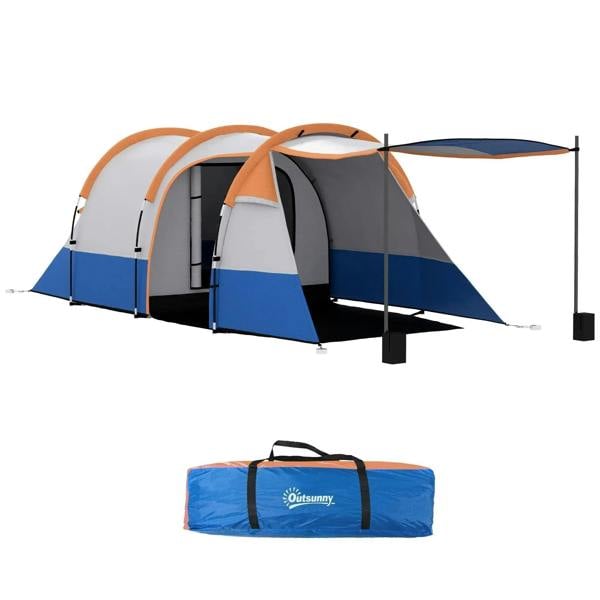 Orange, blue and gray tunnel camping tent with porch front and side entry