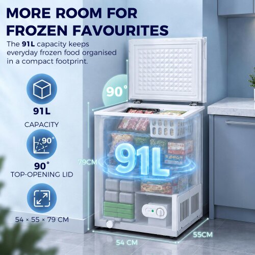 HOMCOM 91L Freestanding Chest Freezer with Removable Storage Basket, White