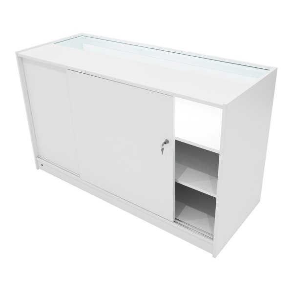 White Adonis LED shop counter set featuring sleek design, sliding door, glass top, and spacious interior shelves for display and storage