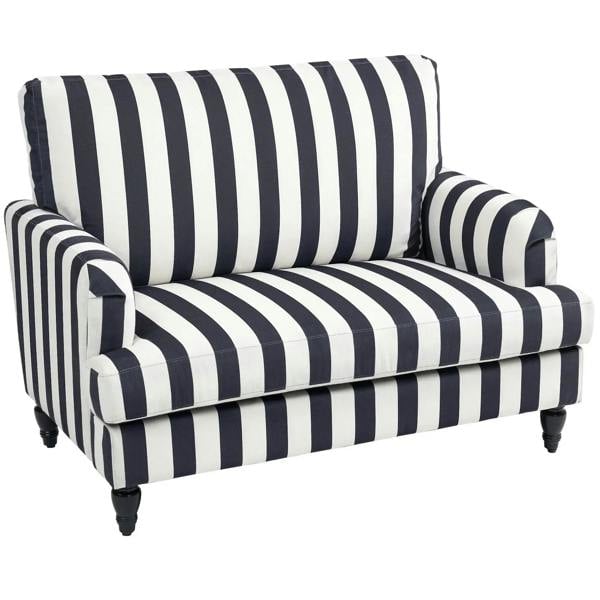 Stripe velvet single armchair with wide seat and rolled arms, black and white, turned legs