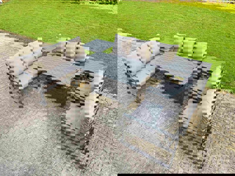 Fimous 8 Seater Aluminium Garden Furniture Set with Adjustable Rising Dining Table, 2 Chairs, 2 Side Tables - Dark Grey