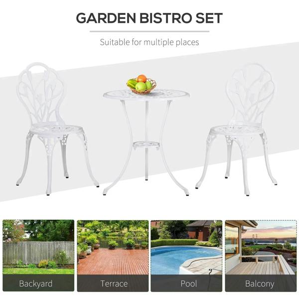 White garden bistro set with round table and 2 matching chairs