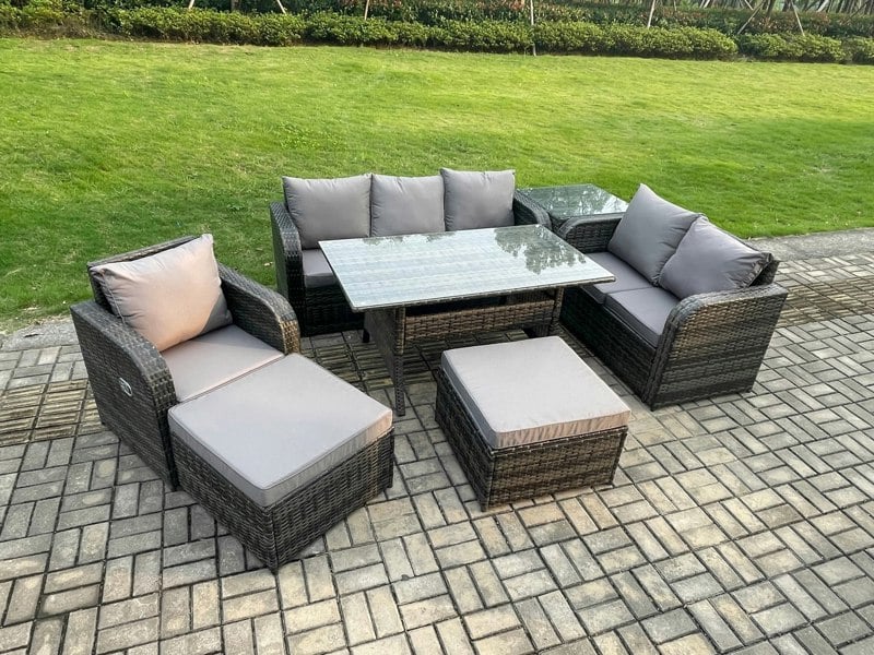 Fimous 7 Piece Rattan Garden Furniture Set with Patio Sofa Rectangular Dining Table Side Table 2 Big Footstool Indoor Conservatory Patio Set