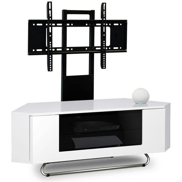 Homeology Hampshire Corner-Friendly Gloss White with Contrast Beam-Thru Remote Friendly Door 26"-50" Flat Screen TV Cabinet with Mounting Arm