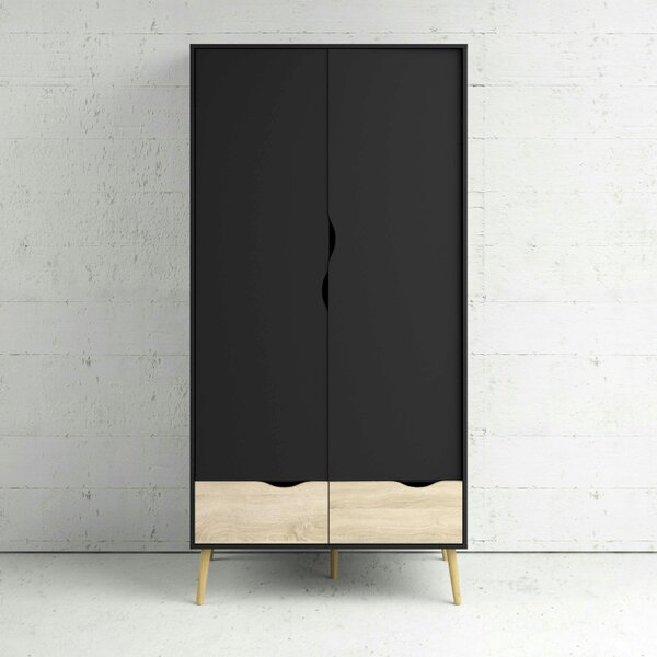 Wyld Haus Sapporo Black and Natural Oak Wardrobe 2 Doors 2 Drawers