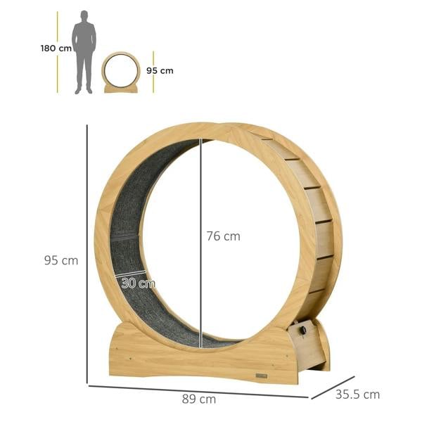 Natural wood cat running wheel with dark inner track, front view with size diagram