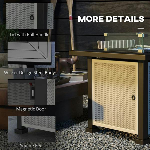 Grey gas fire pit table with pull-handle lid and woven door panel details