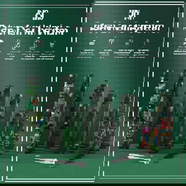 Several dark-green ION8 water bottles, varying in size and design, are displayed on a green surface. They showcase diverse patterns and materials. The accompanying text advertises material choices, size options, design variety, and accessories.