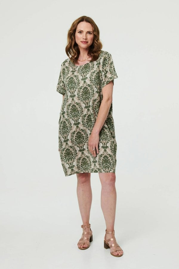 Green | Baroque Print Relaxed Short Shift Dress
