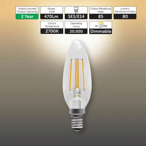 BELL Lighting E14 Screw Dimmable LED Filament Candle 4.5W Light Bulbs
