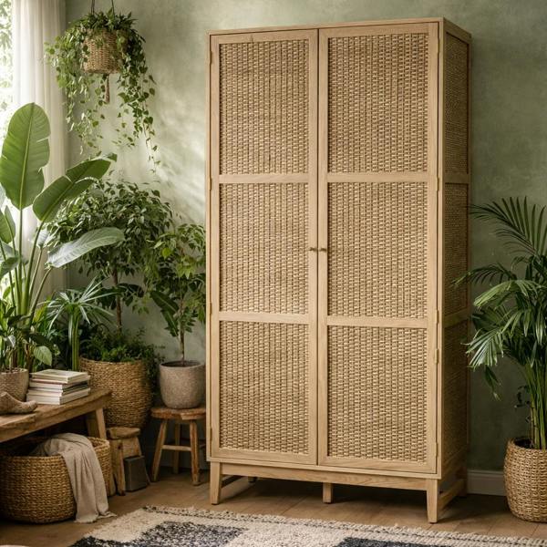 Wyld Haus Waterford Oak Wood and Rattan 2 Door Wardrobe