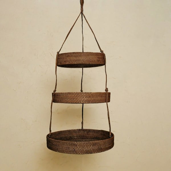 Rattan hanging kitchen basket natural honey dark white counter storage
