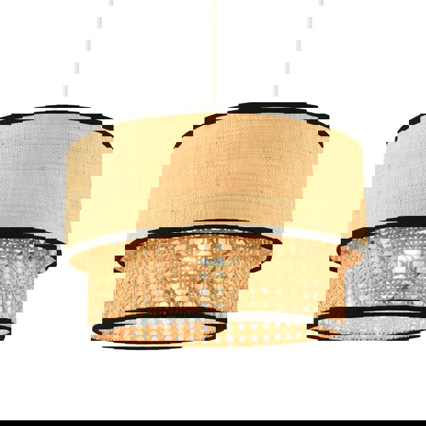 Modern Double Tier Real Natural Rattan Pendant Shade with Black Trims Image 1