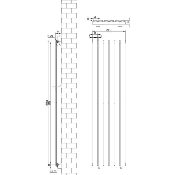 Flat single column radiator in white, measuring 1600mm x 420mm, showcasing a sleek design with detailed dimensions and valve placements