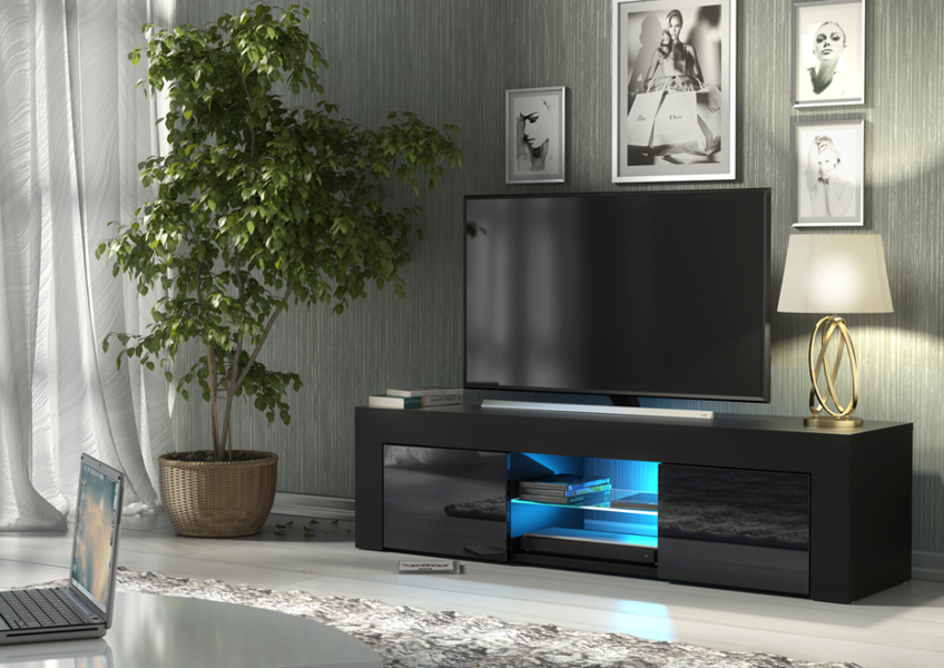 Mex Furniture 130cm TV Unit Cabinet TV Stand with Black High Gloss Doors