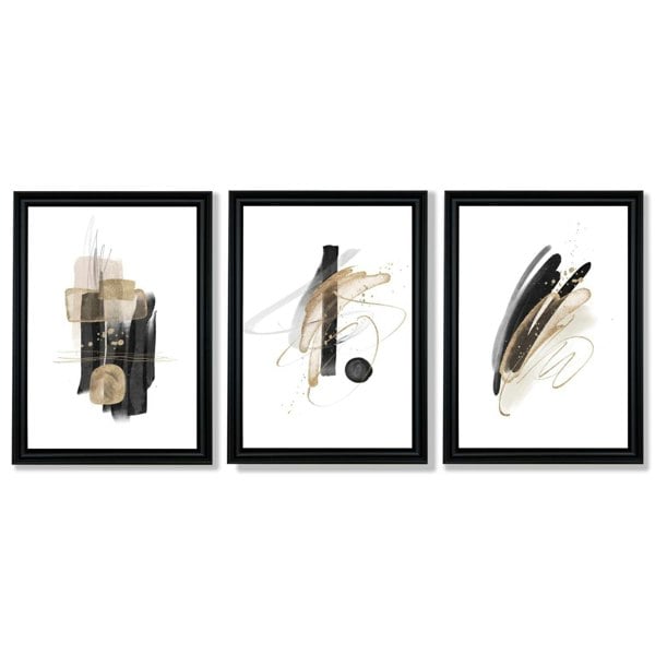 Set of 3 Abstract Black and Gold Fiesta Framed Art Prints with Vermeer Black Frames
