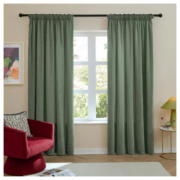 Furn Chenille Lined Pencil Pleat Curtains - Green - 
