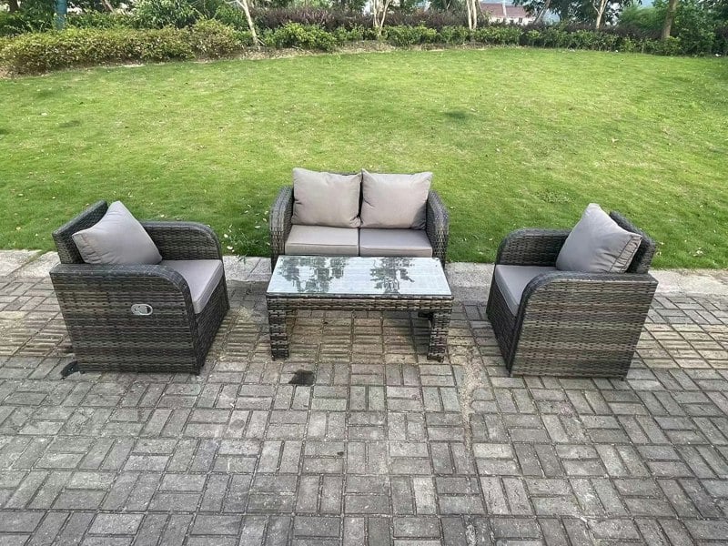 Fimous Dark Grey PE Wicker Rattan Garden Furniture Set Love Sofa Reclining Chair Outdoor Rectangular Coffee Table 4 Seater